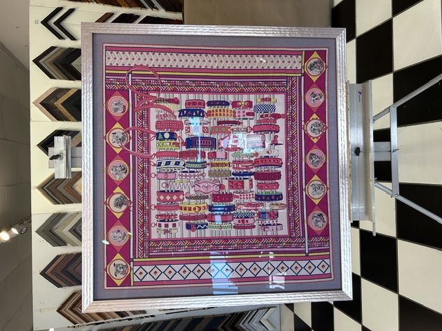 Framed pink silk scarf, an example of The Frame Up's textile framing